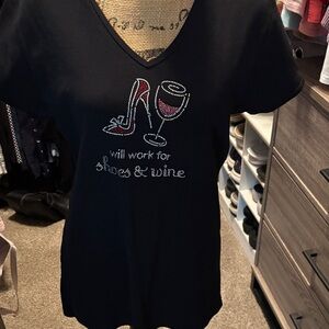 Black V-Neck Short Sleeve Tee with Rhinestone Design